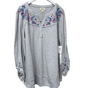 Style & Co. Gray Henley Tee XXL Womens Boho Top Embroidered Long Sleeve NWT